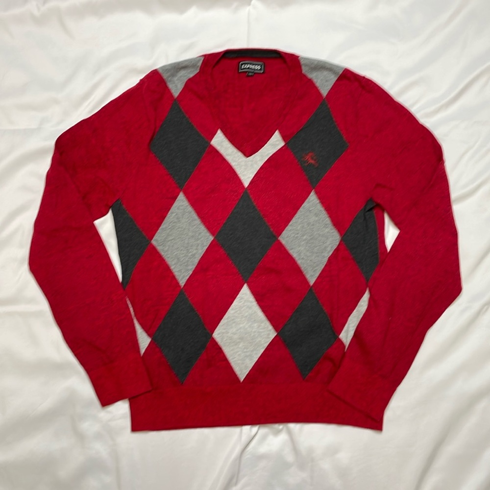 Express Red & Gray Argyle Sweater Medium